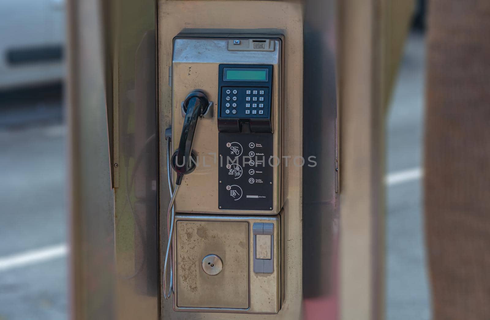 Blanes, Spain - 09/19/2016: City payphone for local, long distance and international calls, stock image