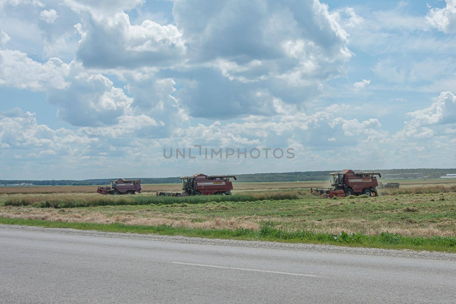 Gomel, Belarus - 07/12/2018: combine harvester in the field harvests grain. Stock photo.