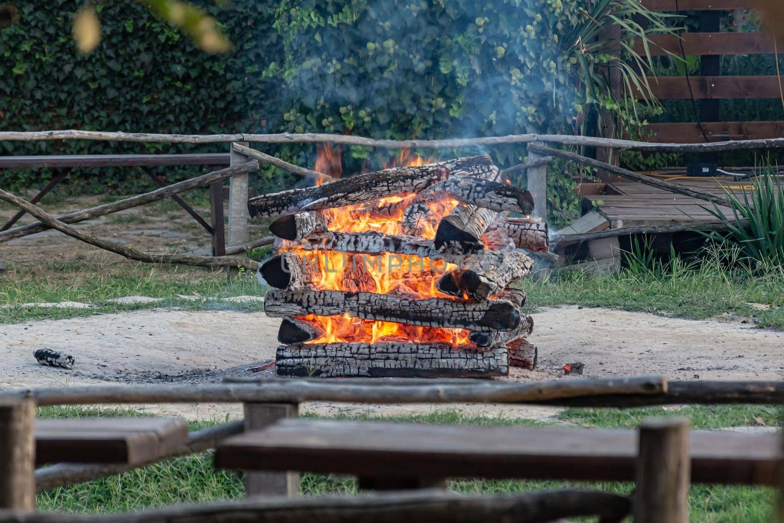 Fire. The burned wood formed coals and a strong heat. Stock photo.
