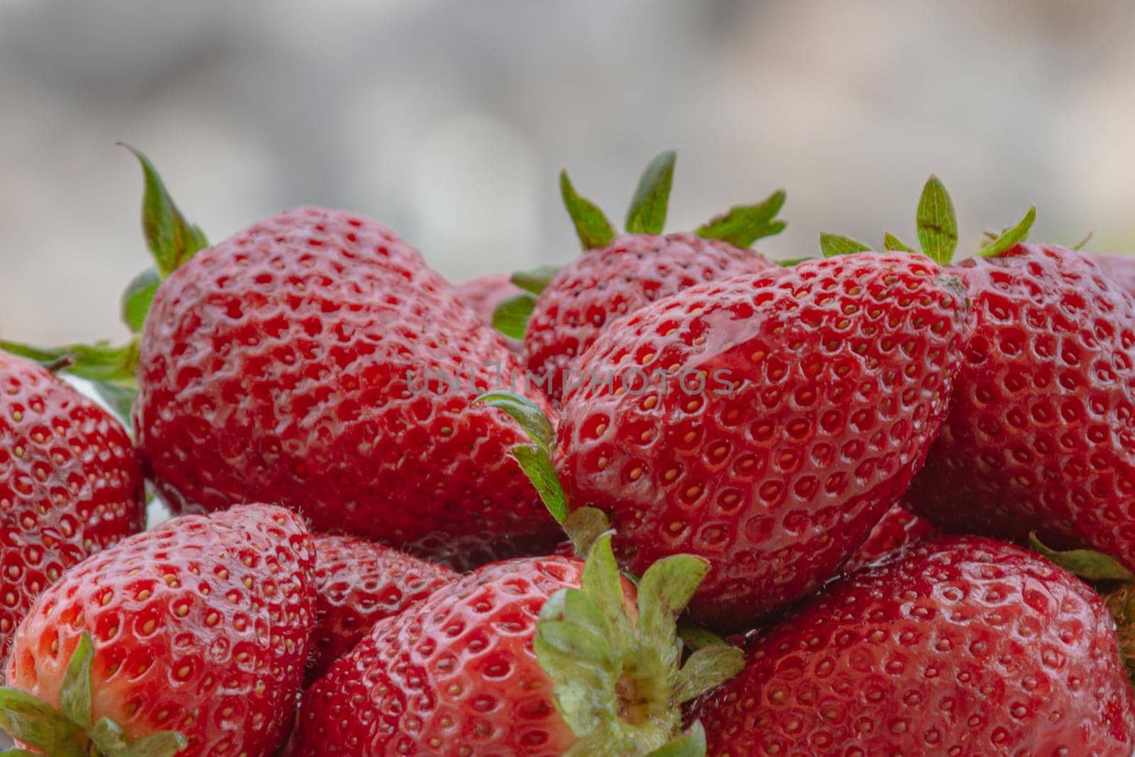 Red ripe strawberries. Blurry background, close-up. Stock photo