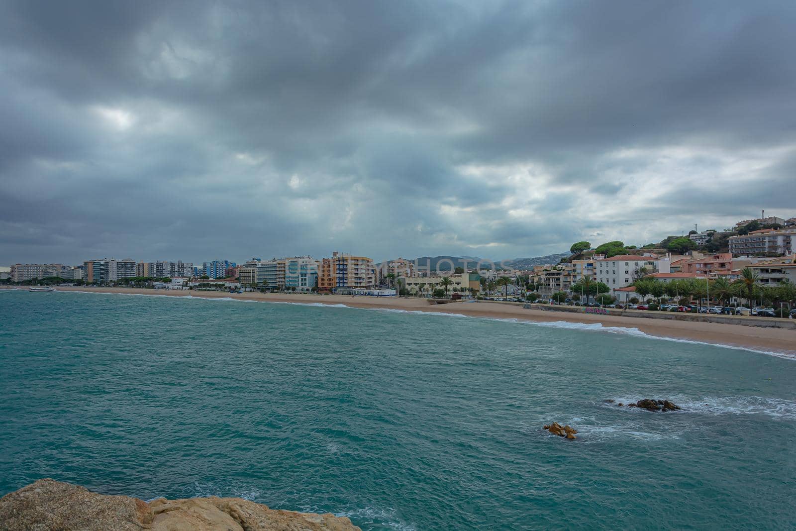 Seascape. Coastline and beach of Blanes resort (Spain). Stock photo