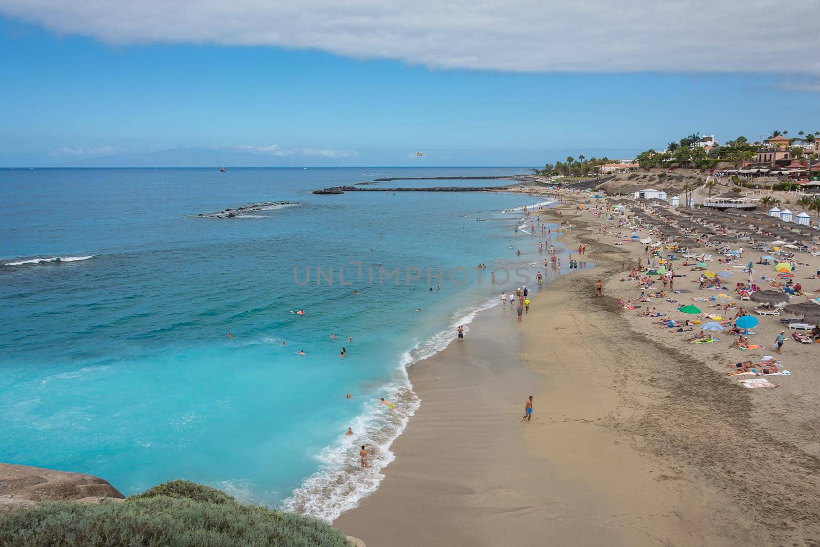 Seascape. Ocean sand Beach Del Duque (Tenerife, Spain). Stock photo