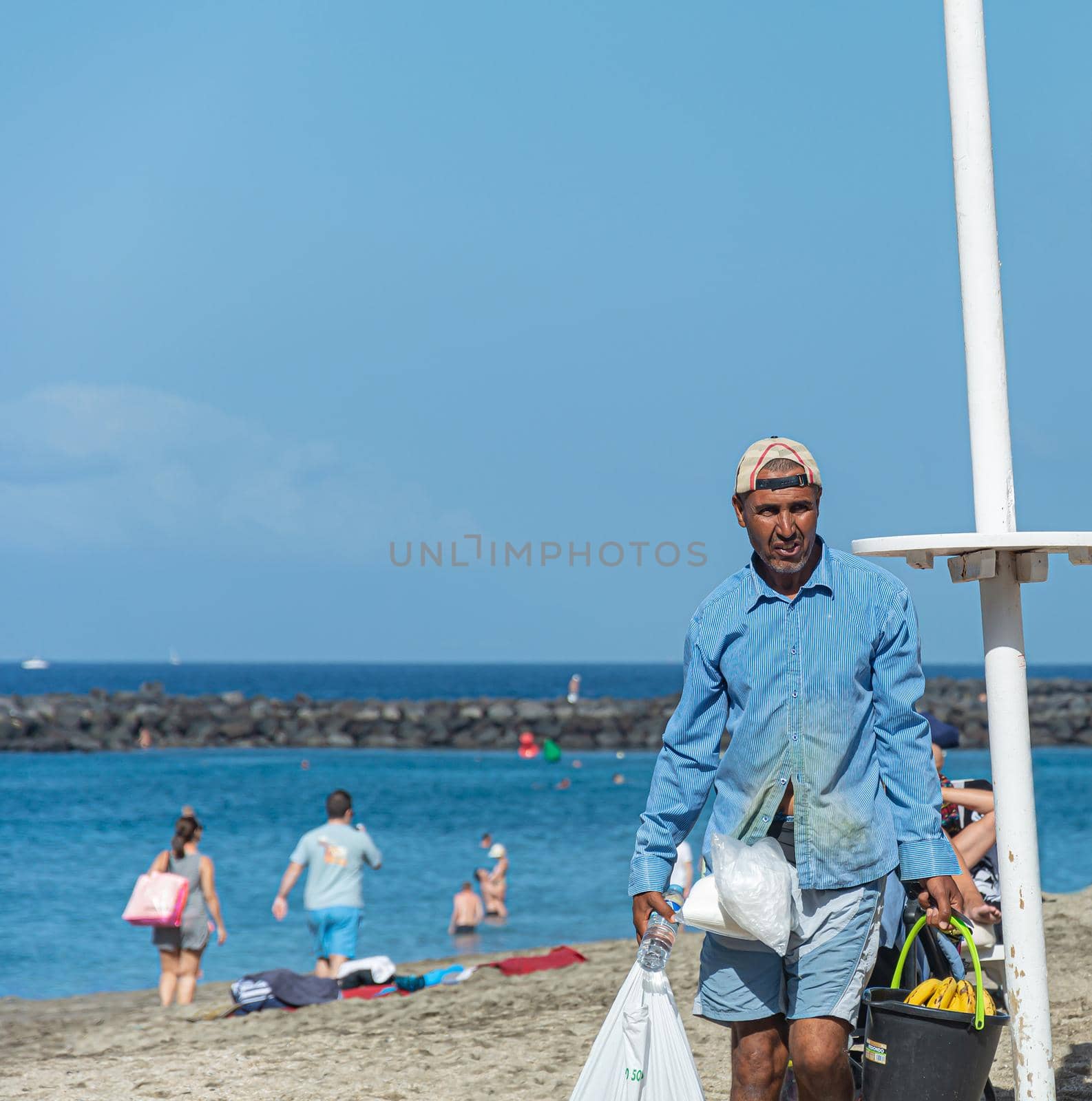 Spain, Tenerife - 09/19/2016: Fruit seller on the beach. Stock photography