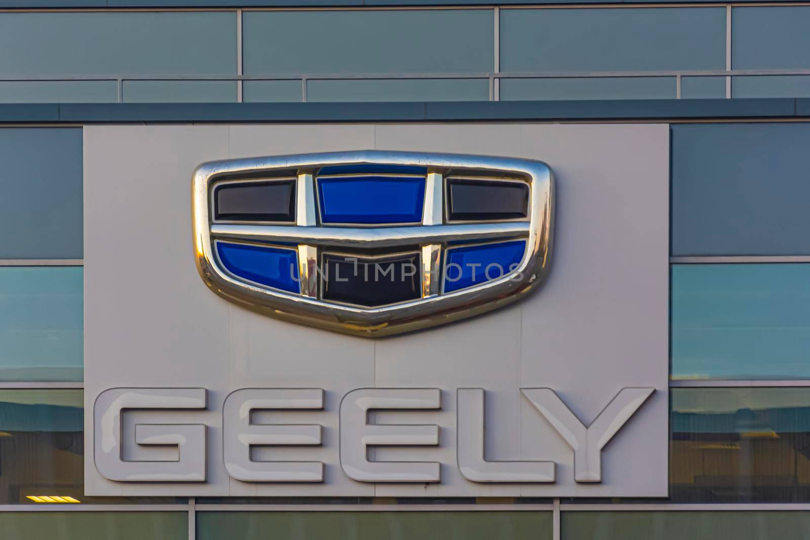 Belarus, Minsk-11/09/2020: GEELY Logo on the building facade by Grommik