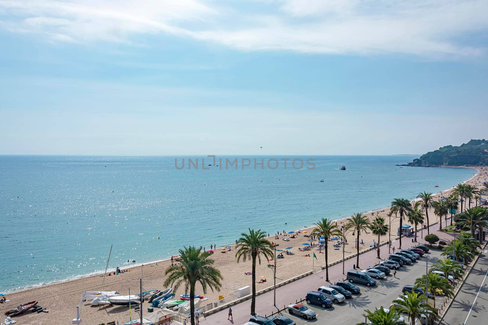 Seascape. Coastline with the beach and promenade, the view from the top (Lloret de Mar, Spain). Stock photo