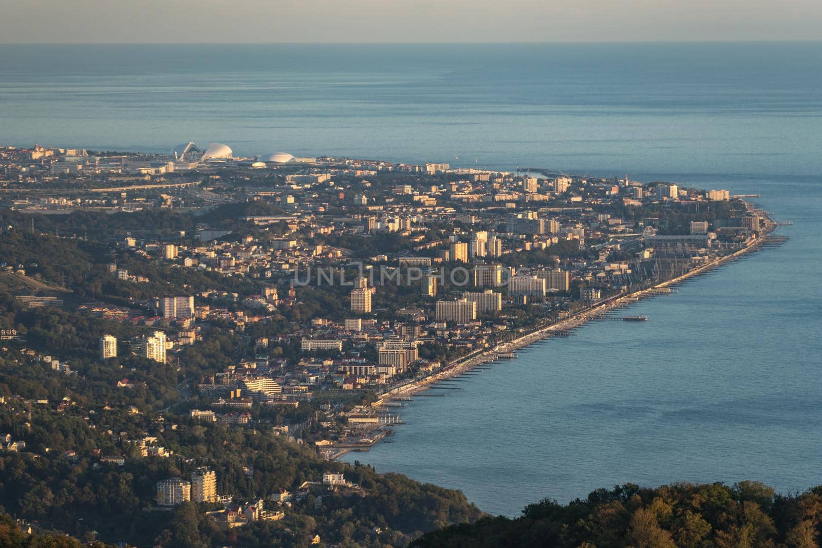 Aerial view of the urban landscape of Sochi, Russia. View from a height to one of the areas of the Russian resort town.