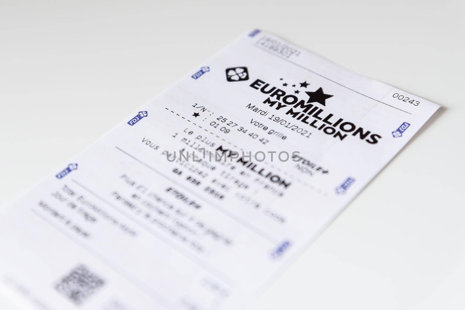 BAYONNE, FRANCE - CIRCA JANUARY 2021: Francaise des Jeux Euromillions receipt on white background. EuroMillions is a European transnational lottery, it was launched in 2004.