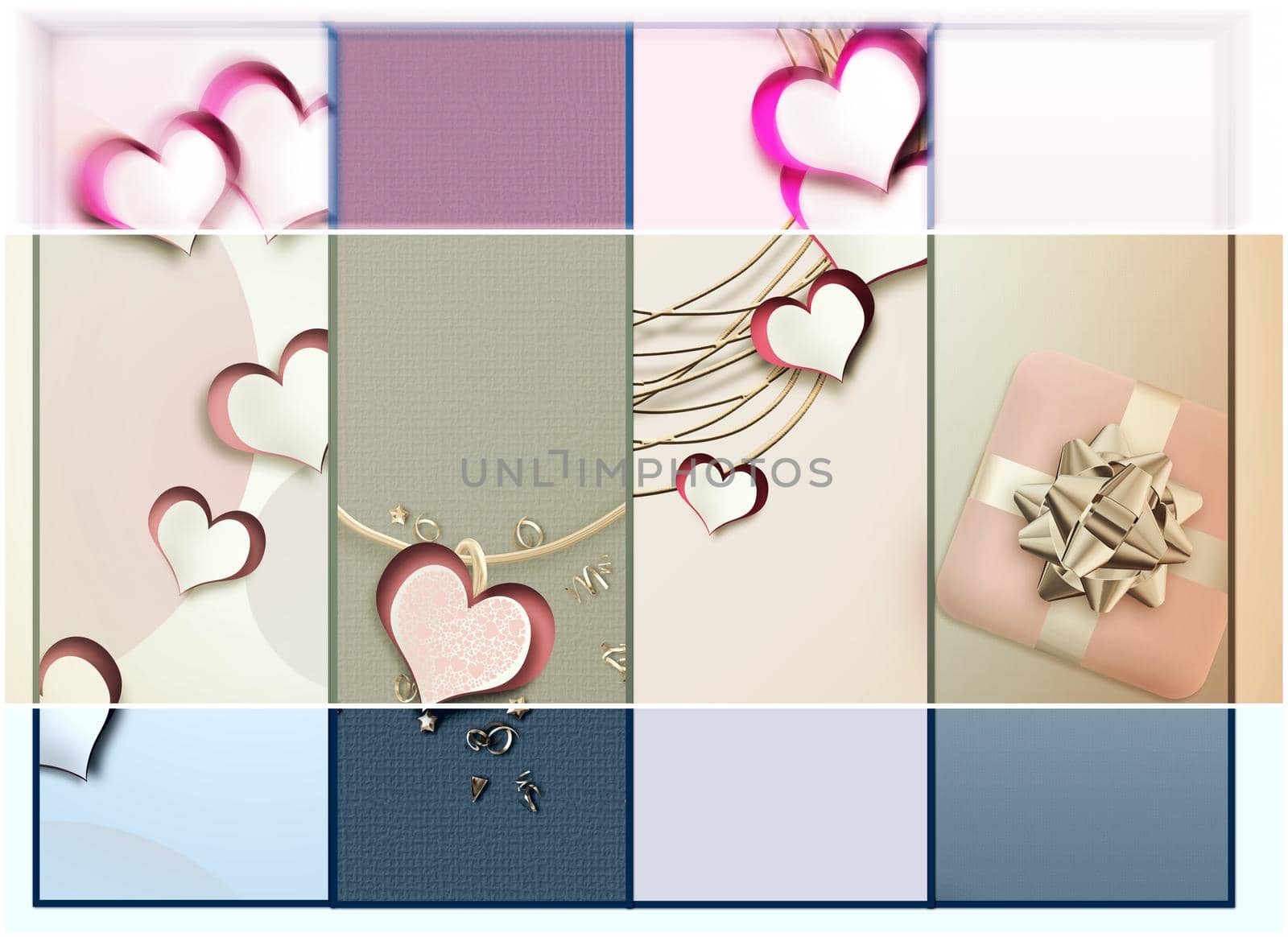 Vintage love hearts collage in pastel faded colours. Valentines card, love concept. 3D illustration