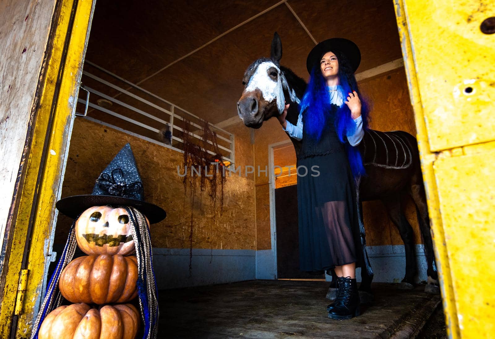 A girl dressed as a witch comes out of the corral with a horse, in the foreground an evil figure of pumpkins
