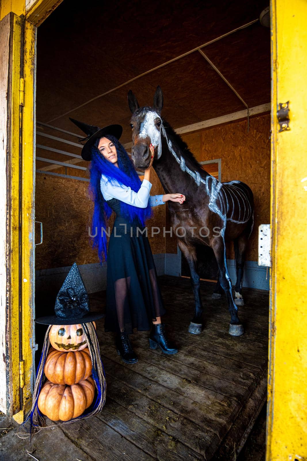 A girl dressed as a witch stands in a corral with a horse on which a skeleton is painted in white paint, in the foreground is an evil figurine of pumpkins by Madhourse