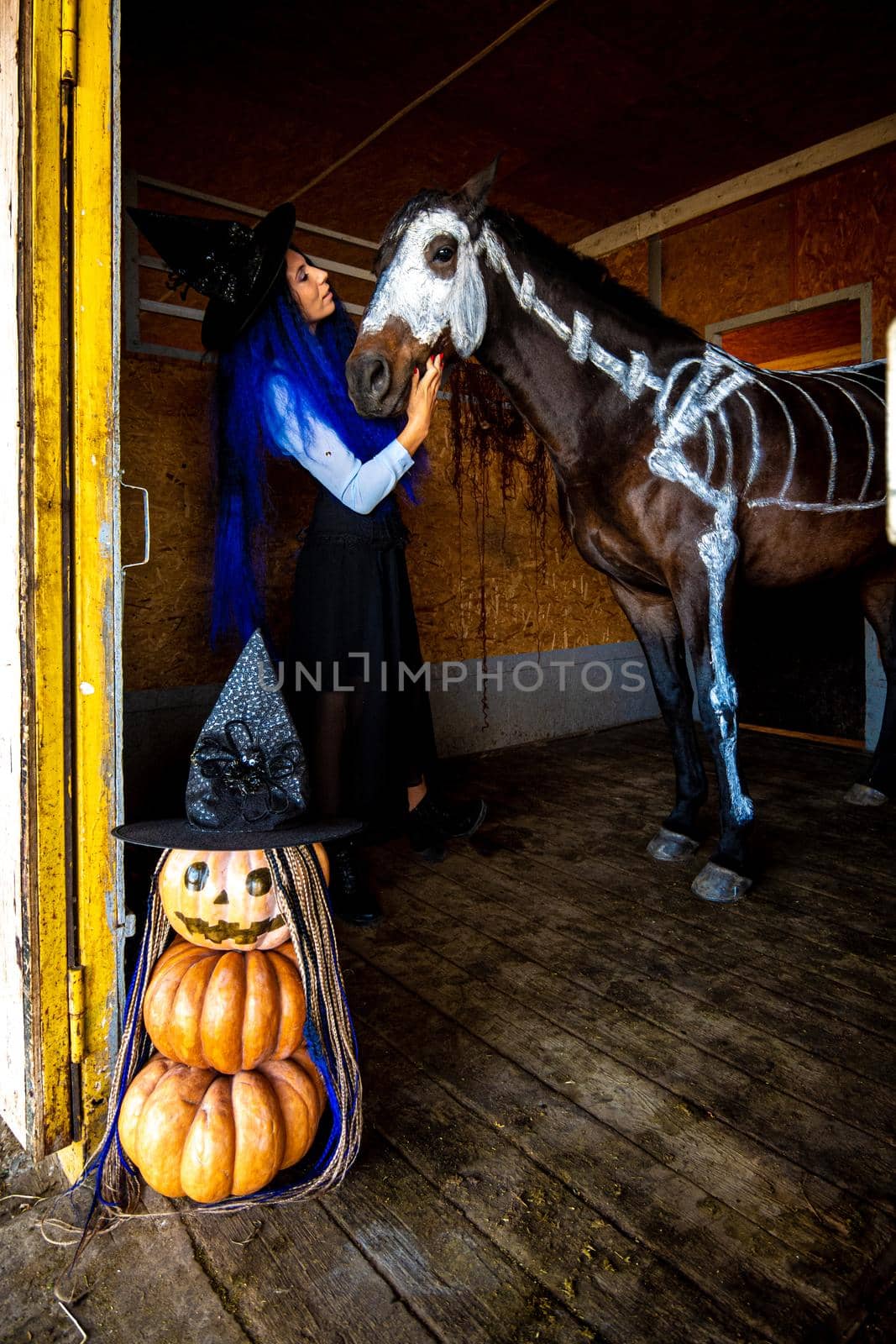 A girl dressed as a witch looks at a horse on which a skeleton is painted in white paint, in the foreground is an evil figurine of pumpkins by Madhourse