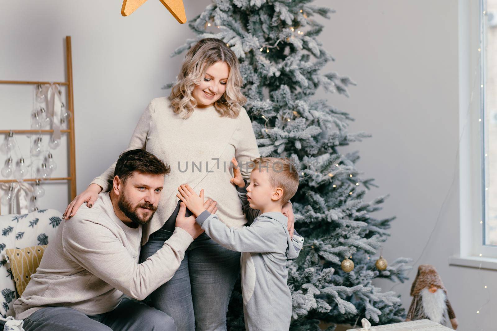 Christmas Family Happiness Portrait of dad, pregnant mom and little son sitting armchair at home near Christmas tree hug smile by andreonegin