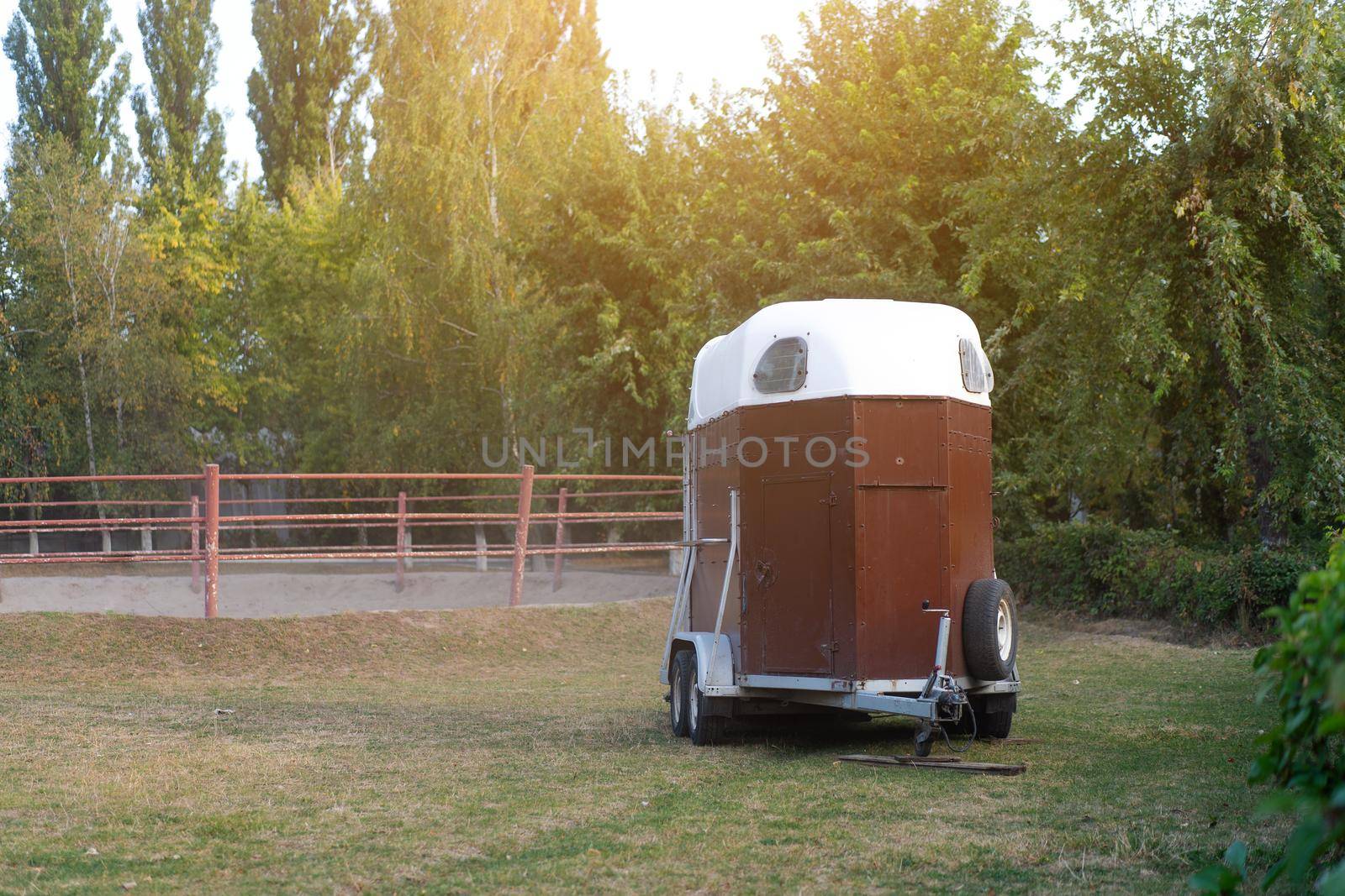 Horse trailer standing outdoor . vehicle for horse transportation Travel with animals