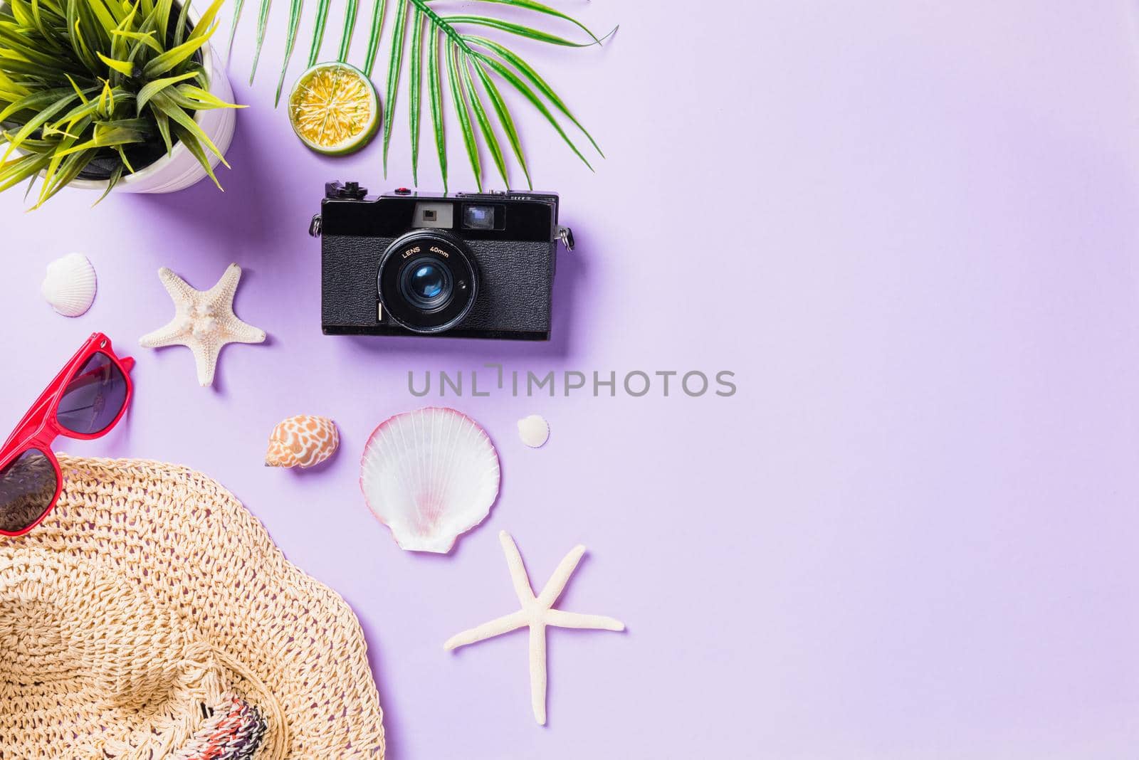 Top view flat lay mockup of camera films, airplane, sunglasses, starfish beach traveler accessories isolated on a purple background with copy space, Business trip, and vacation summer travel concept