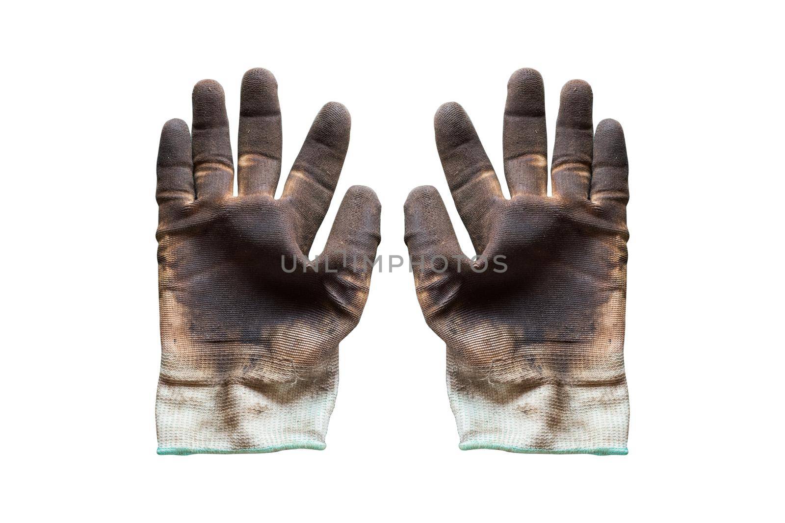 Glove with oil stain on isolated background. Used gloves are dirty.
