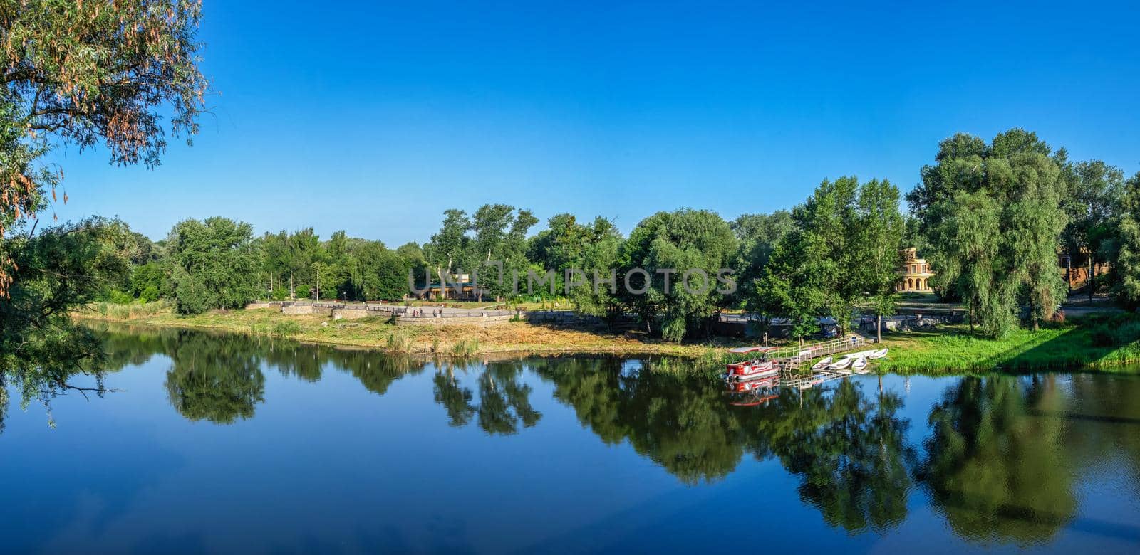 Svyatogorsk, Ukraine 07.16.2020.  Embankment near the Seversky Donets River opposite the Svyatogorsk Lavra on a sunny summer morning