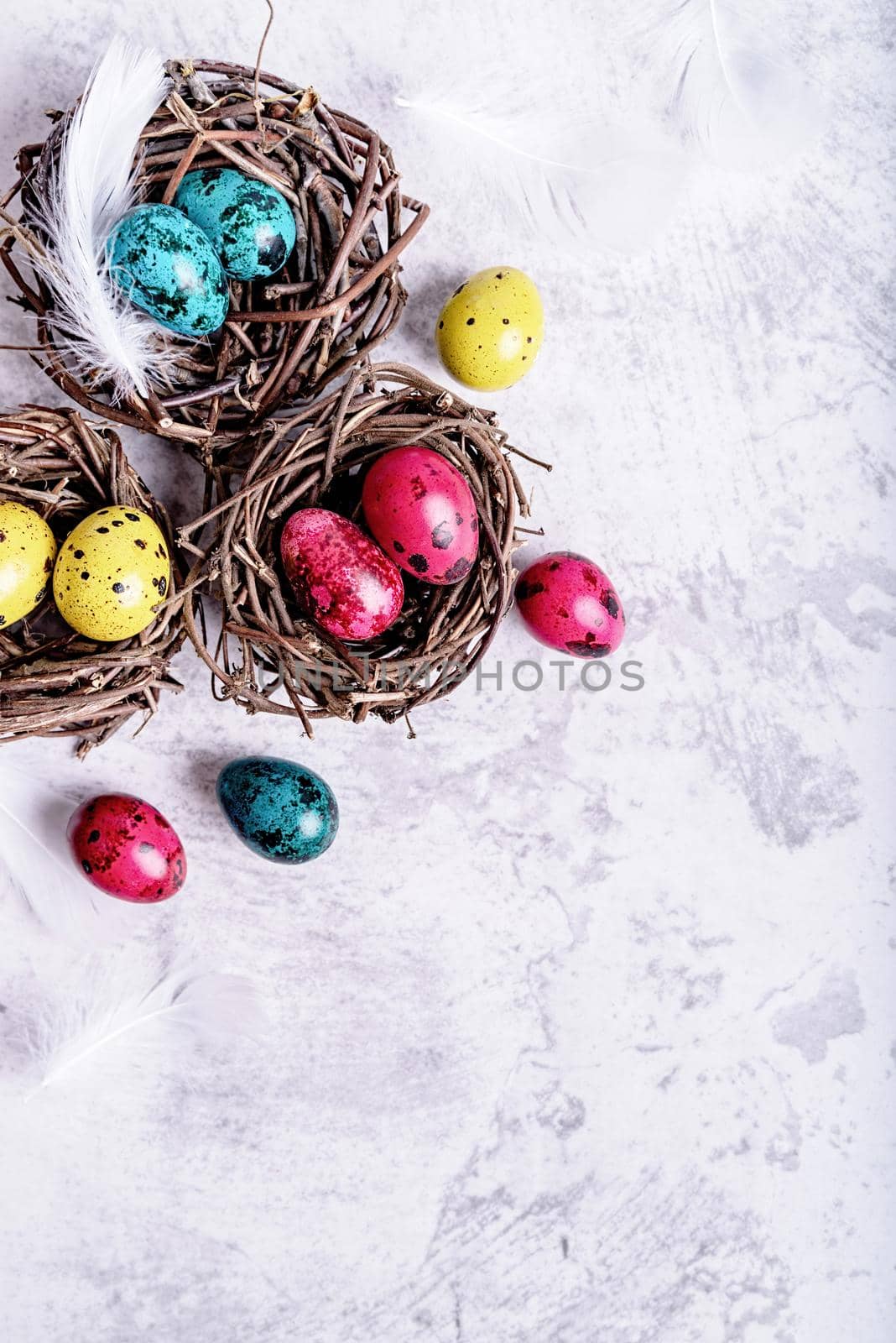 Easter holiday concept. Colored Easter quail eggs with feathers in a nest on gray marble background with copy space