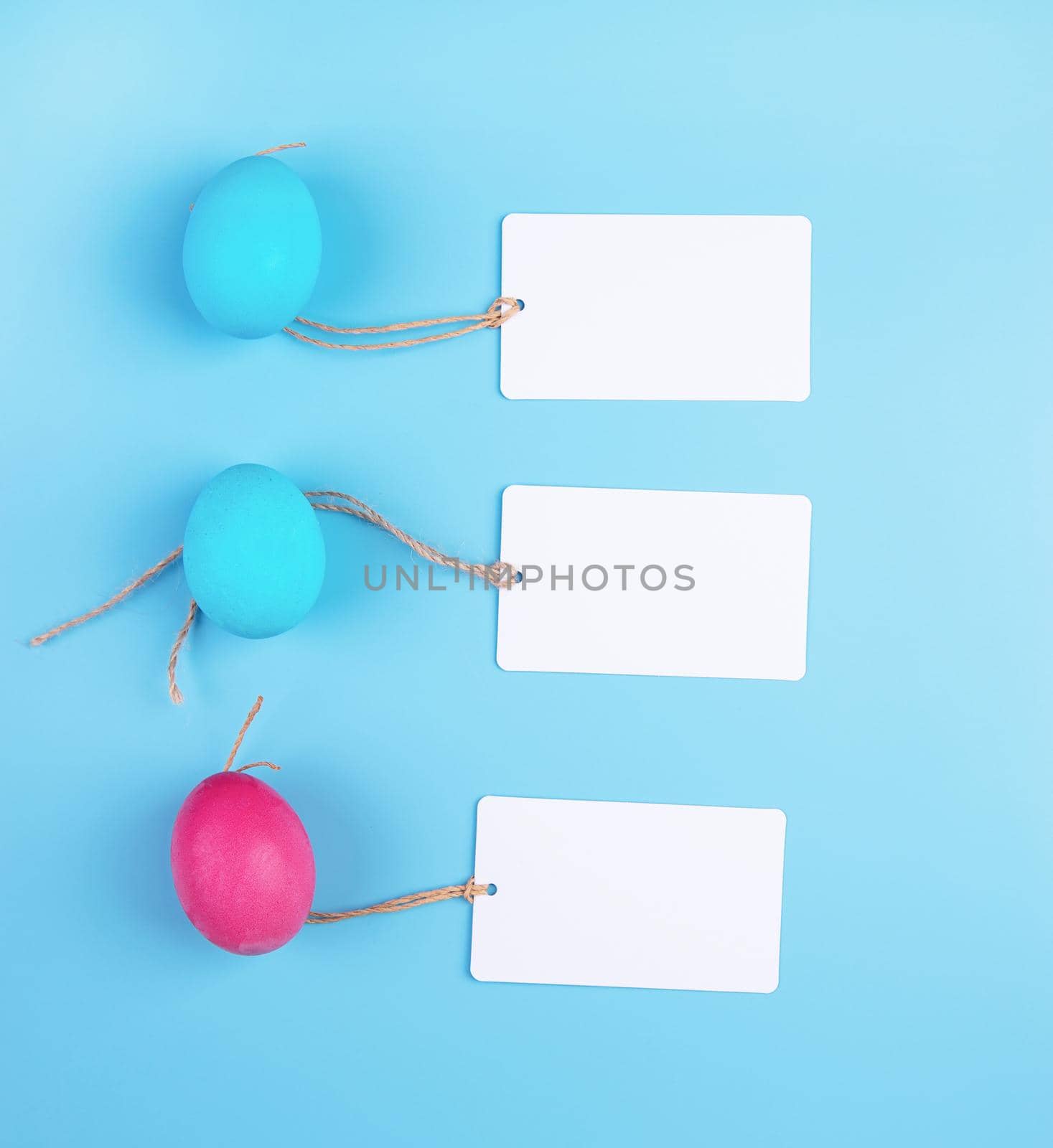 colored eggs with blank tags isolated on blue background top view by Desperada