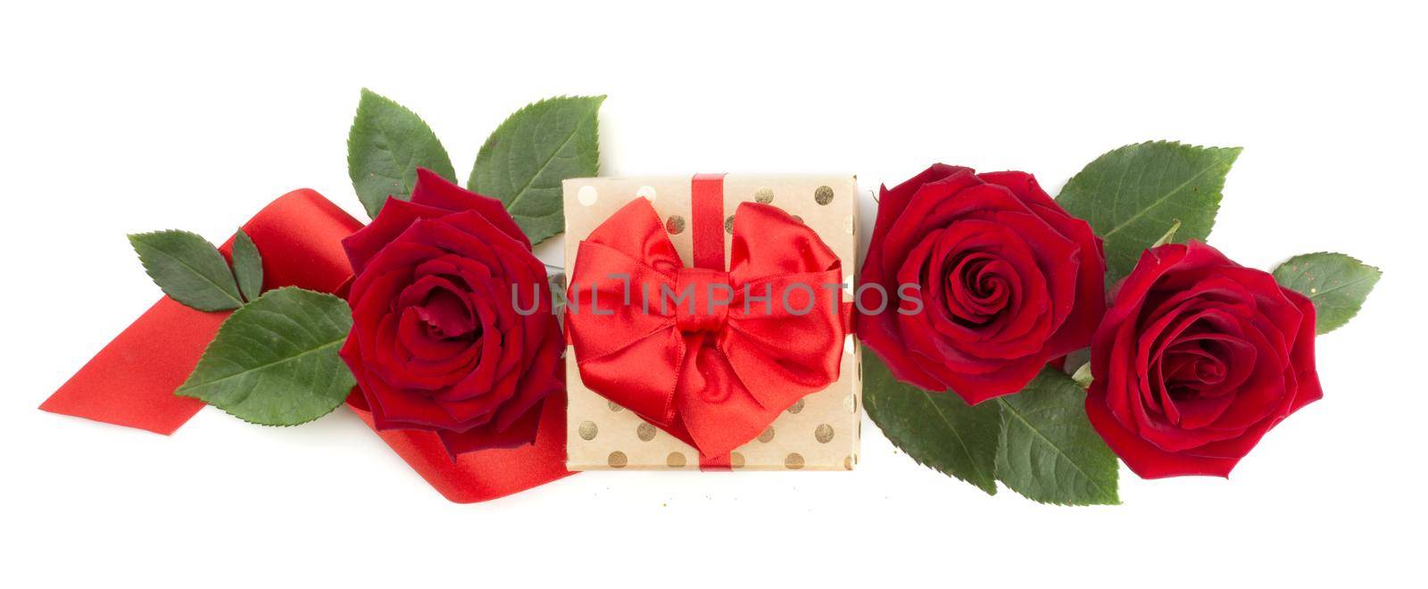 Valentine day gift box with red silk ribbon bow rose flowers and hearts isolated on white background love concept