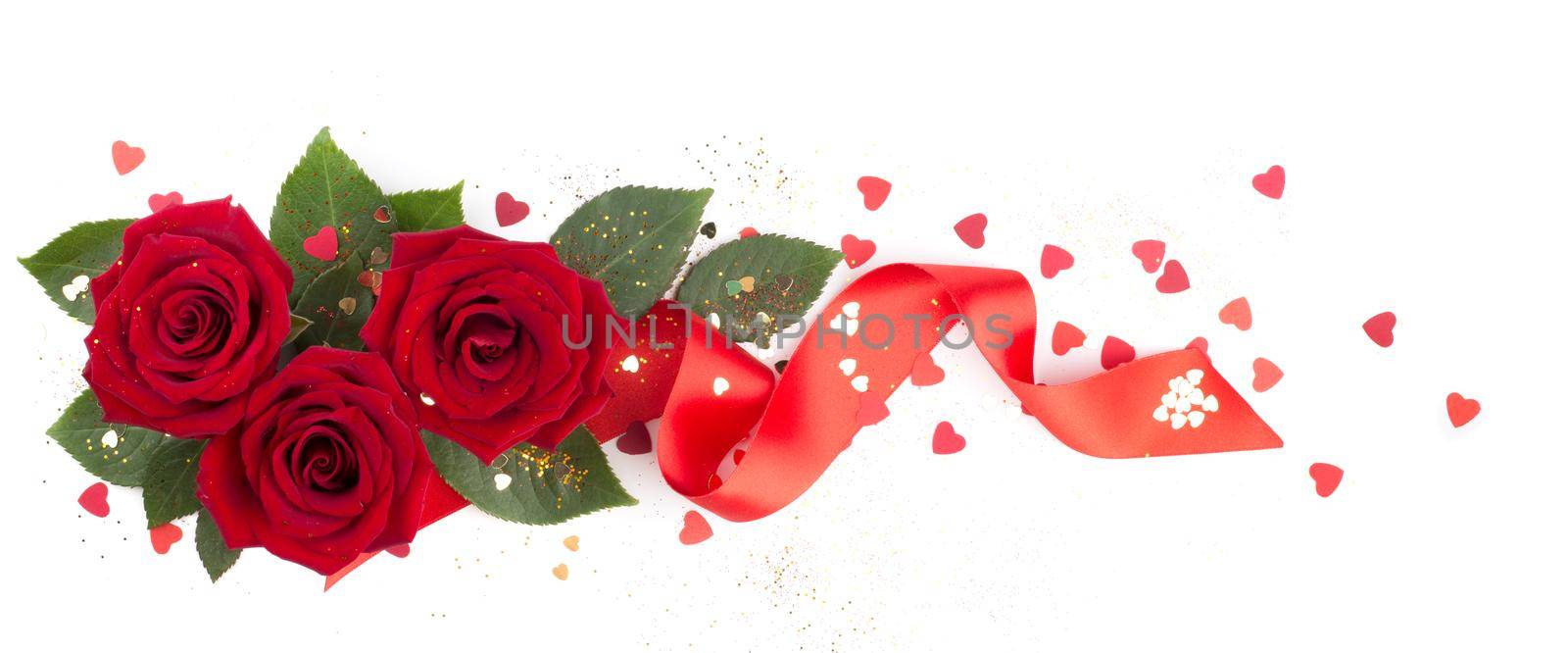 Red rose flowers leaves hearts and ribbon arrangement isolated on white background, top view, design element for Valentines day