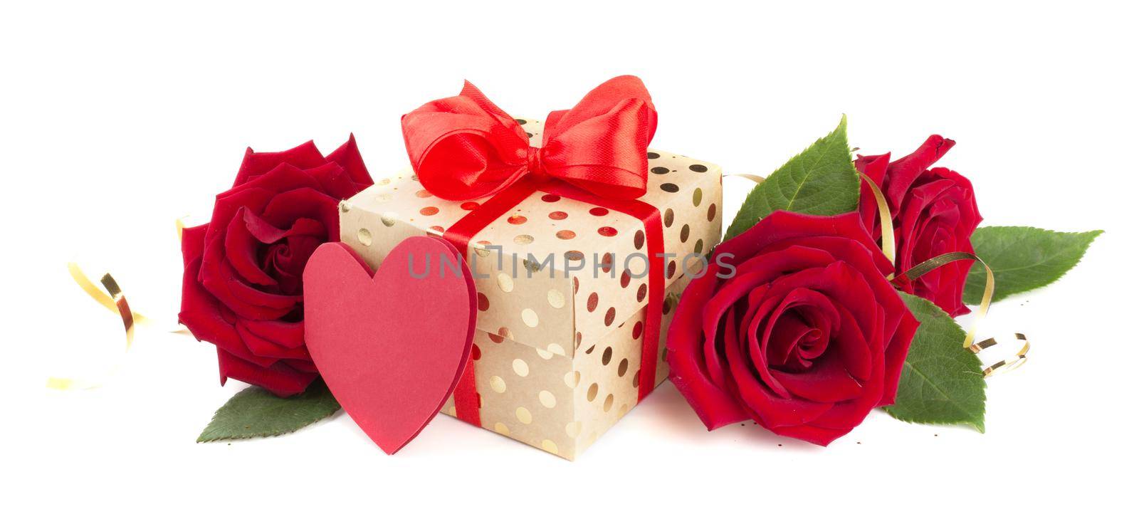 Valentine day gift box with red silk ribbon bow rose flowers and hearts isolated on white background love concept