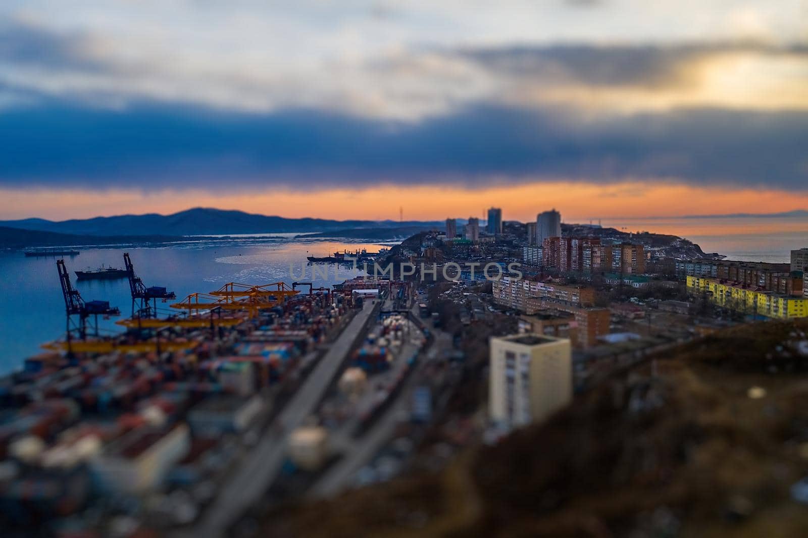 Vladivostok, Russia. Landscape with a view of the commercial port. tilt shift