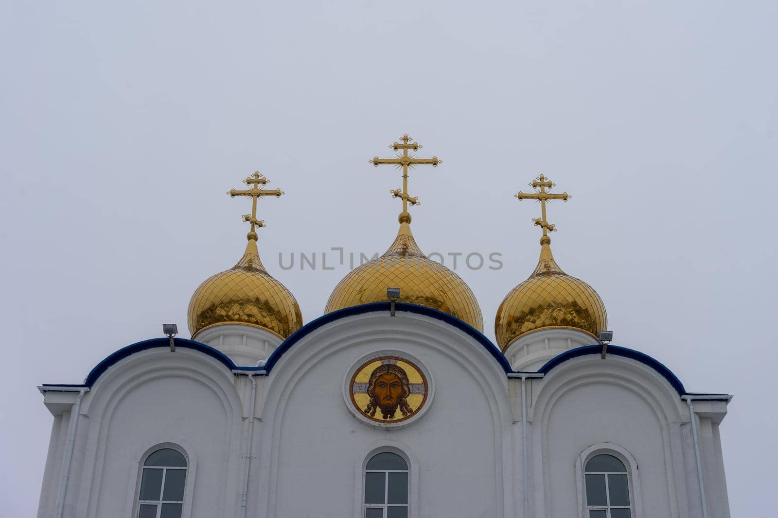 Church of the Life-Giving Trinity in the city of Petropavlovsk-Kamchatsky on the background of a winter landscape