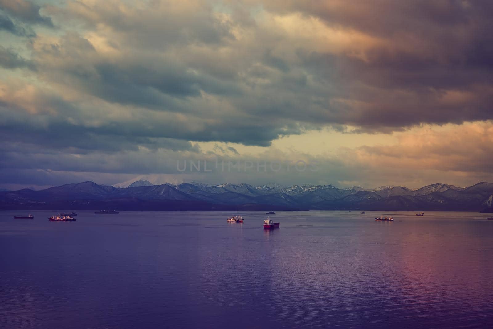 Seascape with a view of Avachinsky Bay and ships. Kamchatka