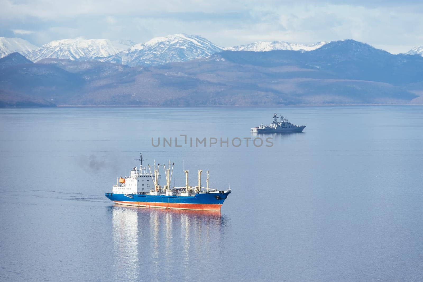 Seascape with ships in Avacha Bay. Kamchatka, Russia