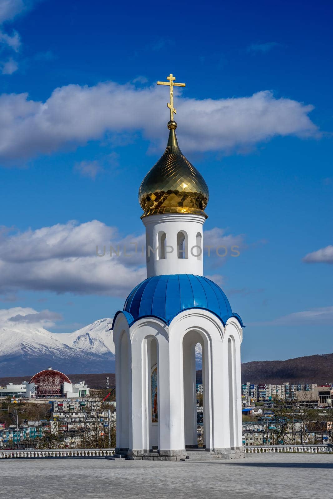 The chapel building against the blue sky. Petropavlovsk-Kamchatsky, Russia