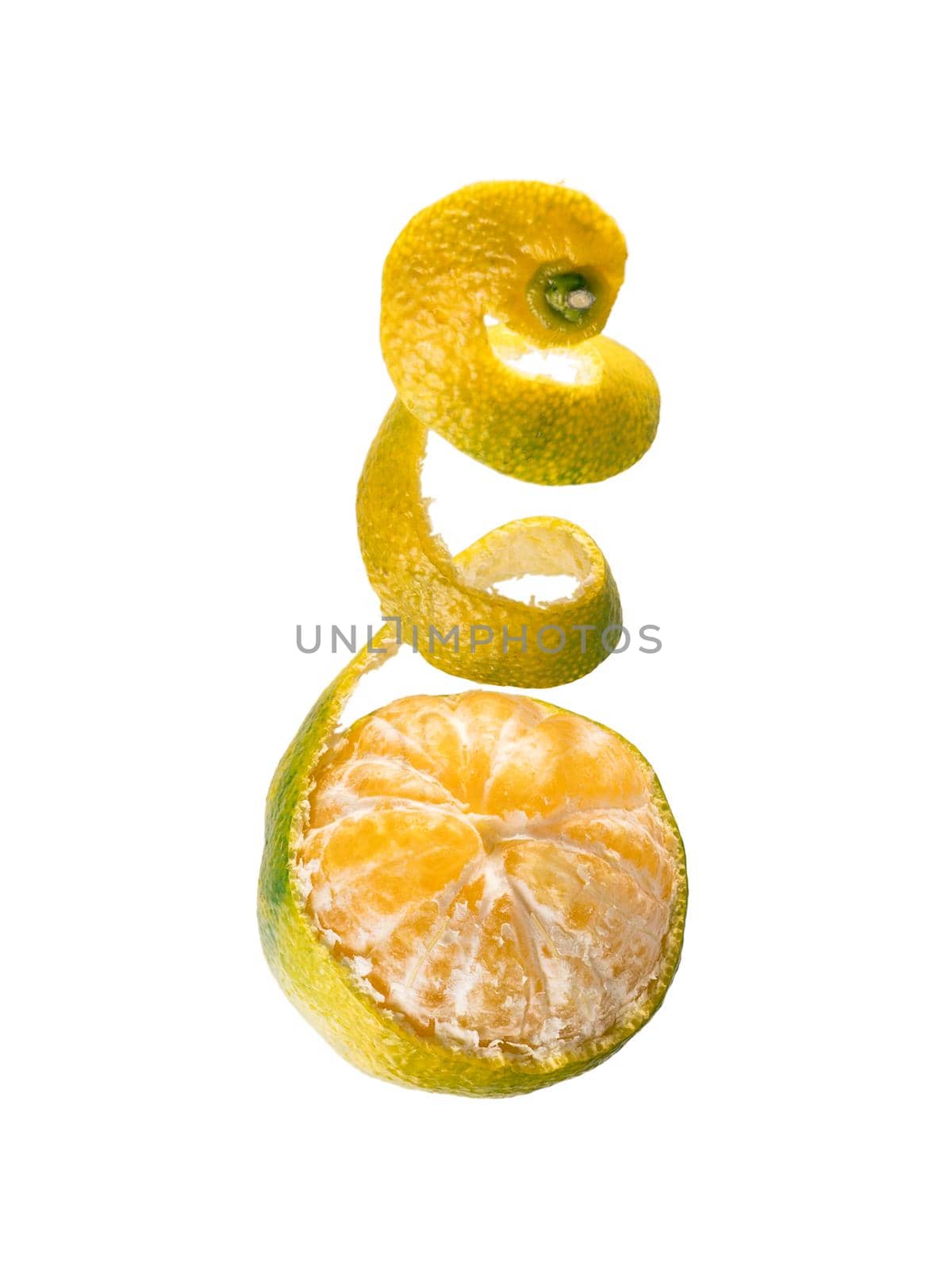 Fresh ripe green mandarine with spiral zest. Half peeled green tangerine isolated on white background with clipping path