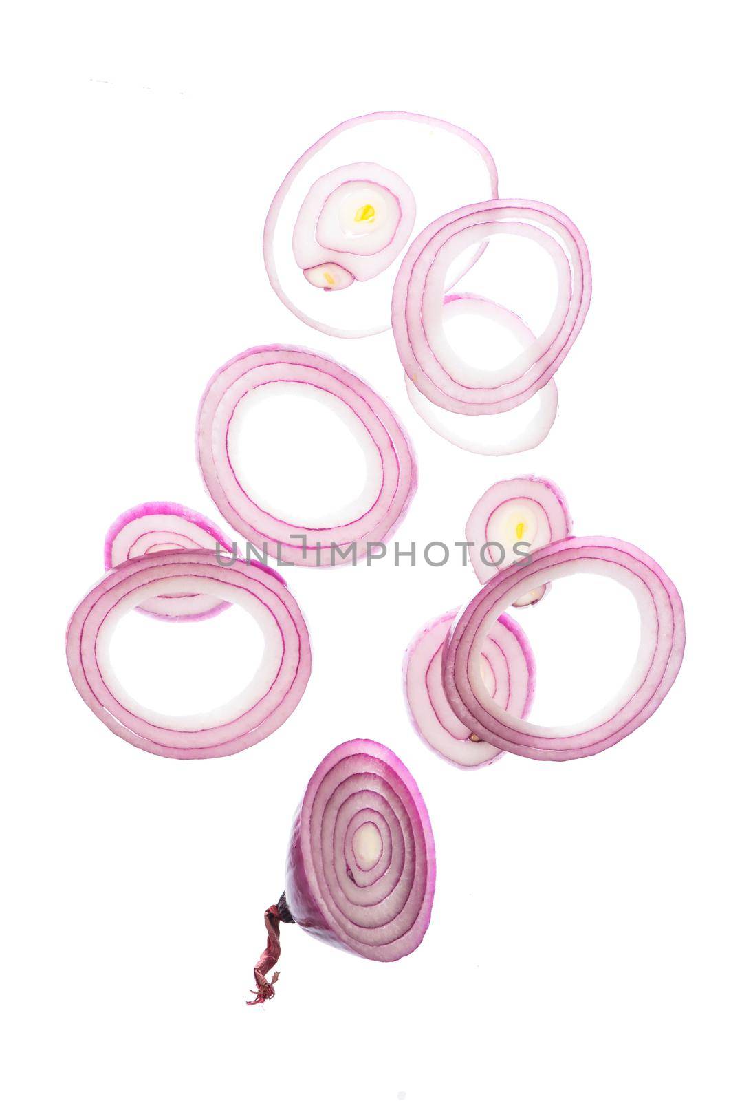 juicy raw onion cut into rings sprinkled on a white plate by aprilphoto
