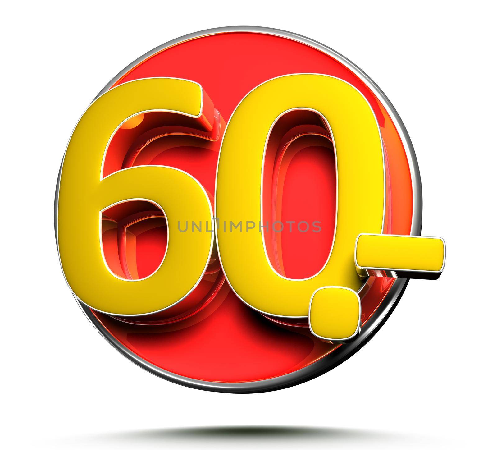 Number 60 price tag isolated on white background 3D illustration with clipping path.