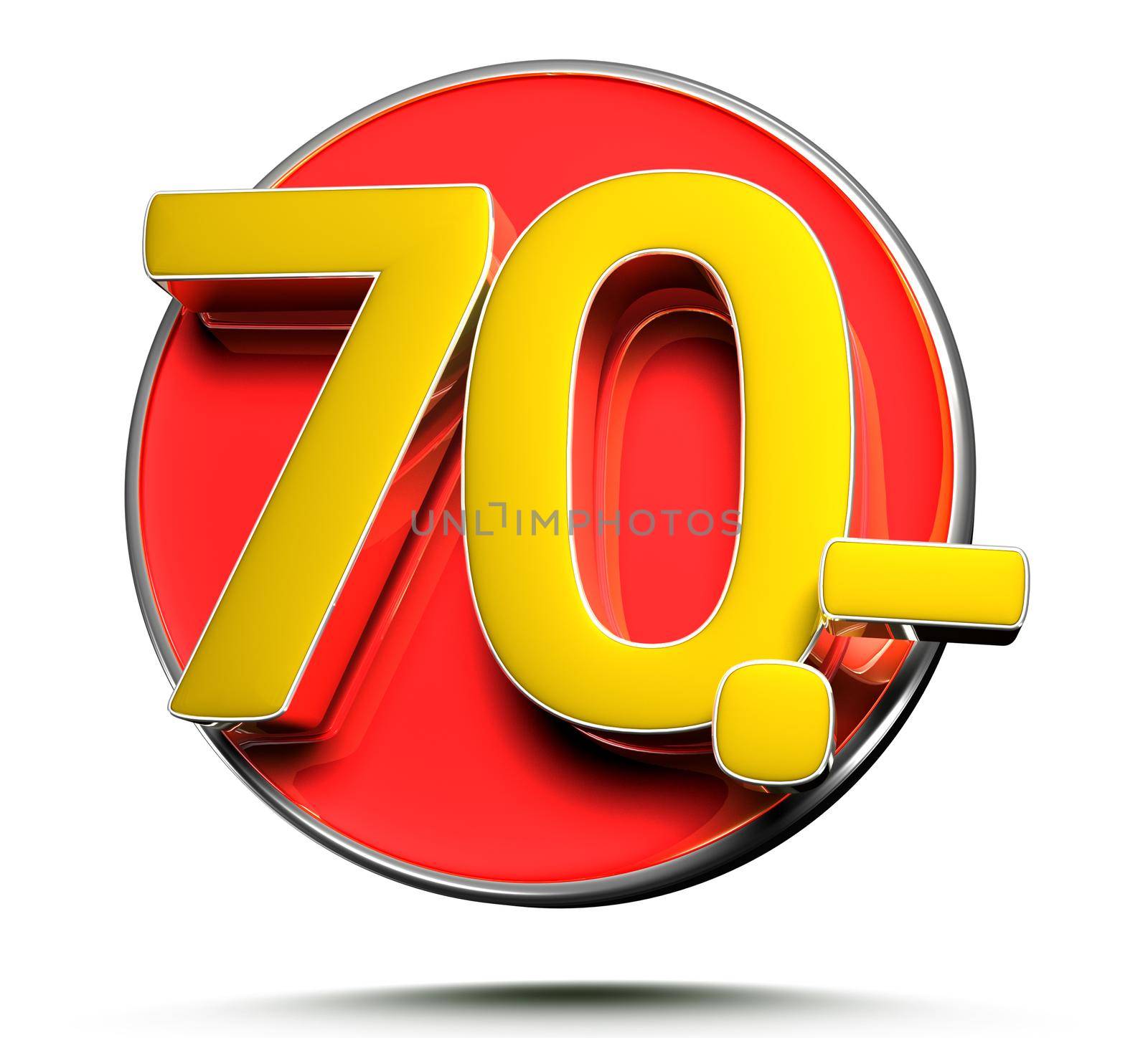 Number 70 price tag isolated on white background 3D illustration with clipping path.