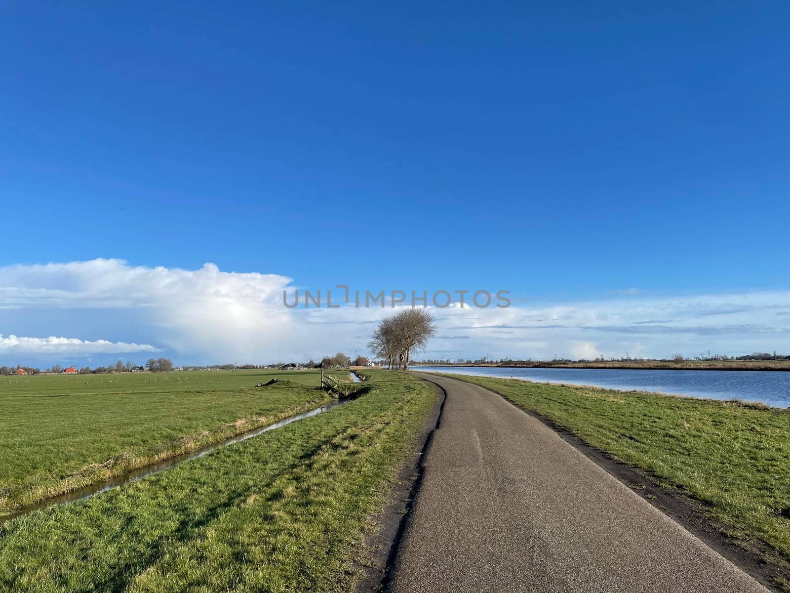 Road next to a canal on a winter day in Friesland The Netherlands