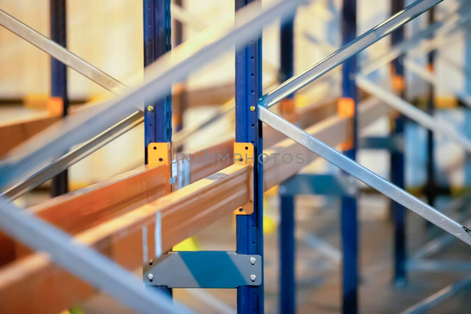 Metal joints of warehouse shelves.