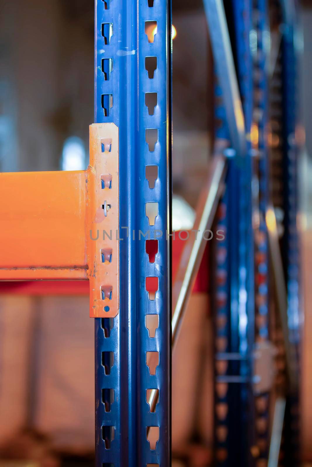 Metal joints of warehouse shelves.
