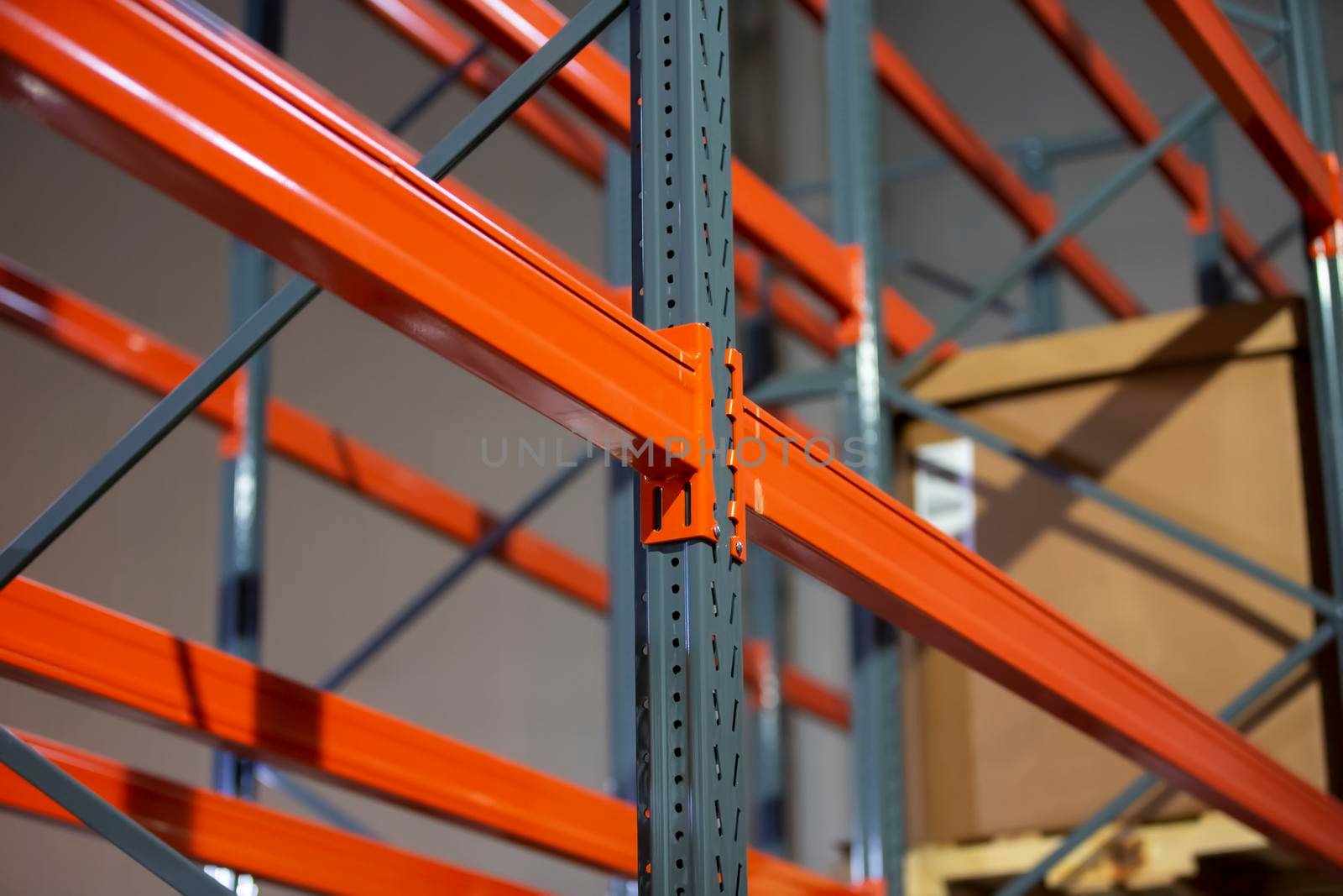 Metal joints of warehouse shelves.