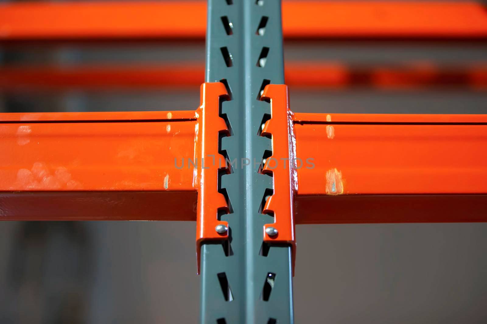 Metal joints of warehouse shelves.