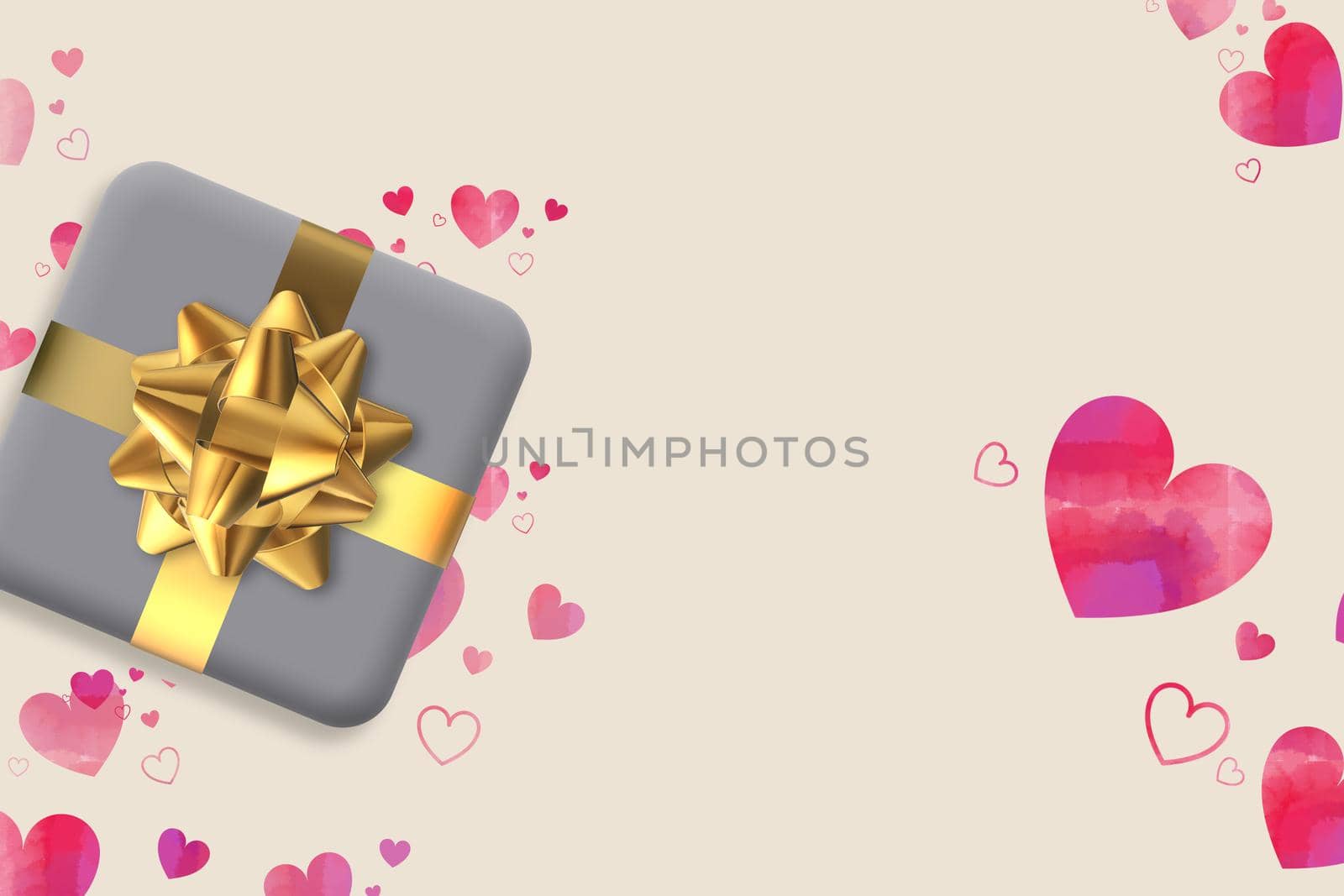 Gift box with bow, pink hearts. Valentines, love, birthday card. Horizontal 3D illustration