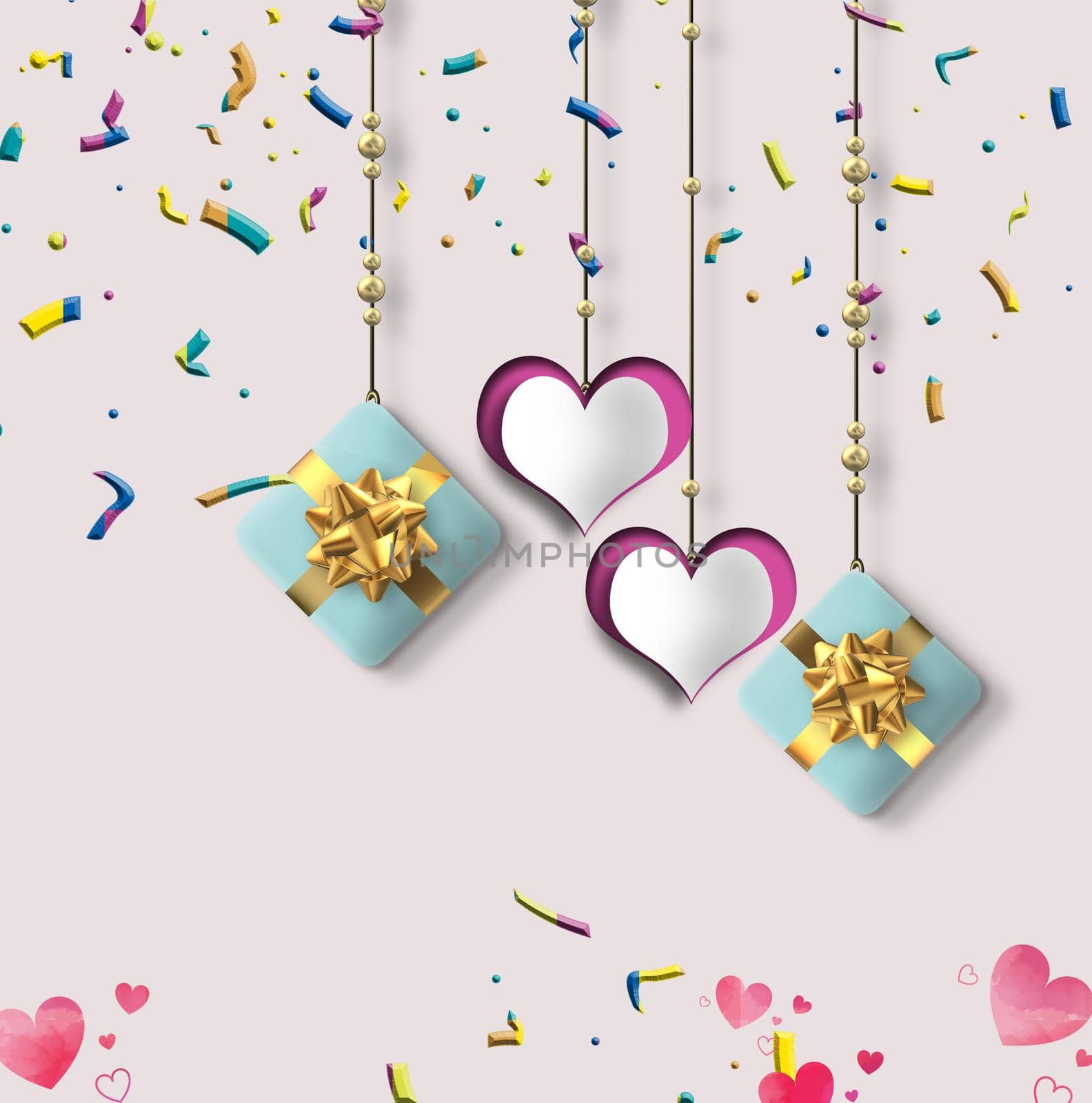 Love card with hanging hearts, gift boxes, confetti on pastel pink background. 3D illustration