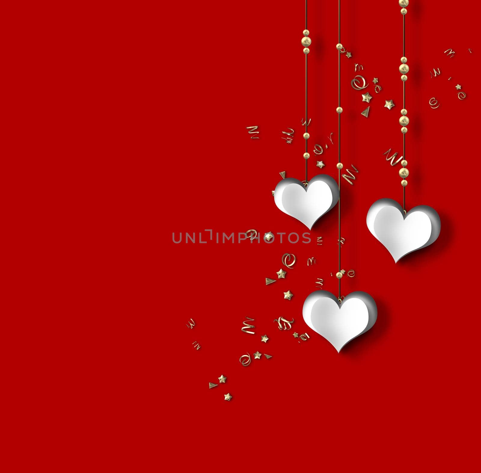 Love card with hanging paper hearts on red background, gold confetti. 3D illustration