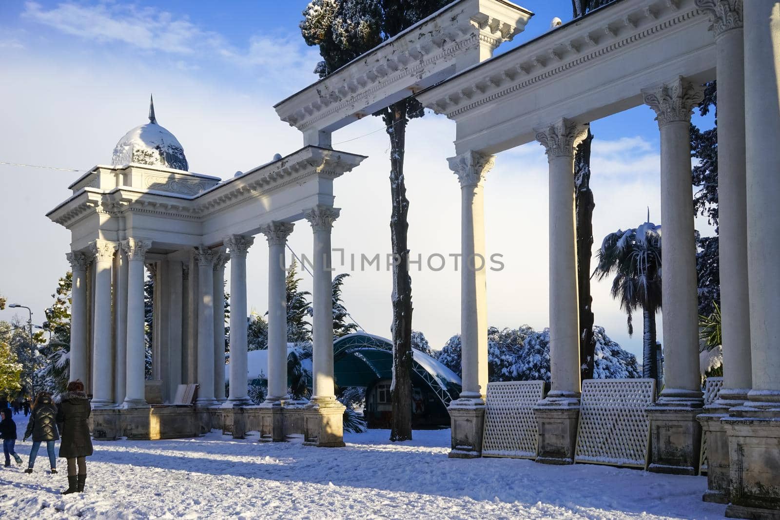 Sukhumi, Abkhazia-January 27, 2017: Urban landscape in winter with snow in the sub-tropics.