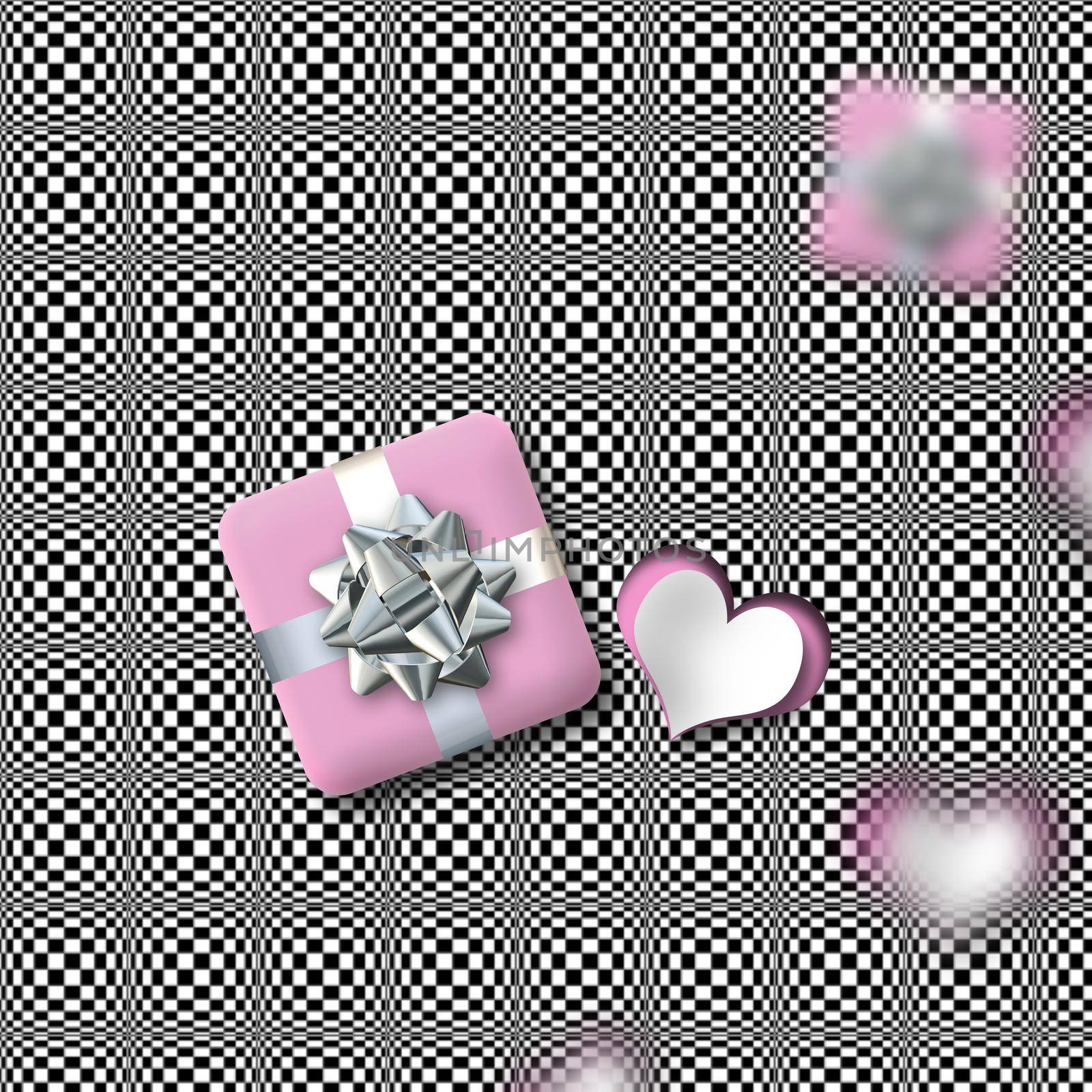 Modern Valentine's card with pink heart, gift box on grey abstract background. 3D illustration