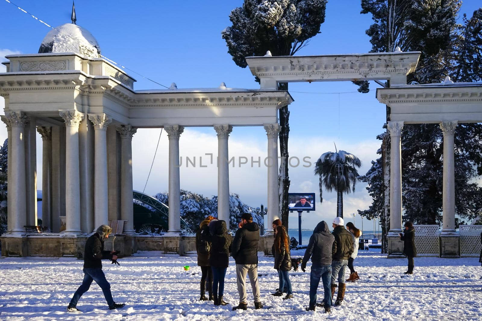 Sukhumi, Abkhazia-January 27, 2017: Urban landscape in winter with snow in the sub-tropics.