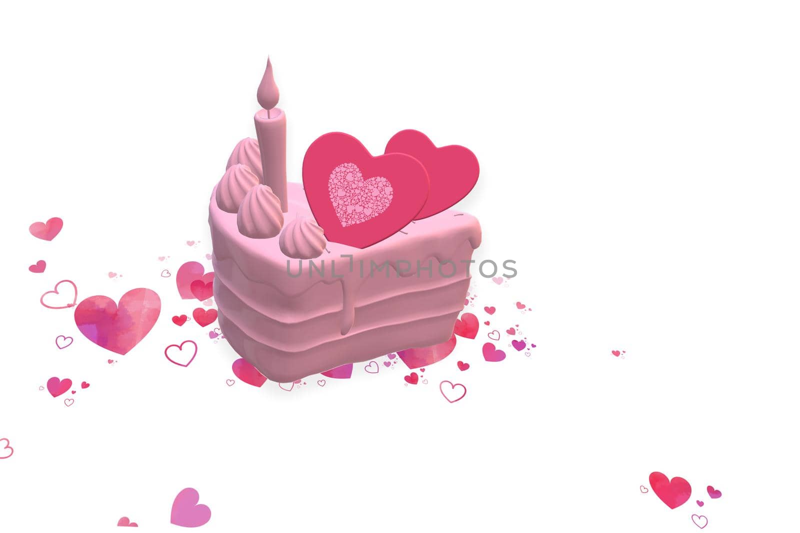 Pink sweet cake, pink hearts on white background. Love, birthday, Valentines card, cute sweetness of love. 3d illustration