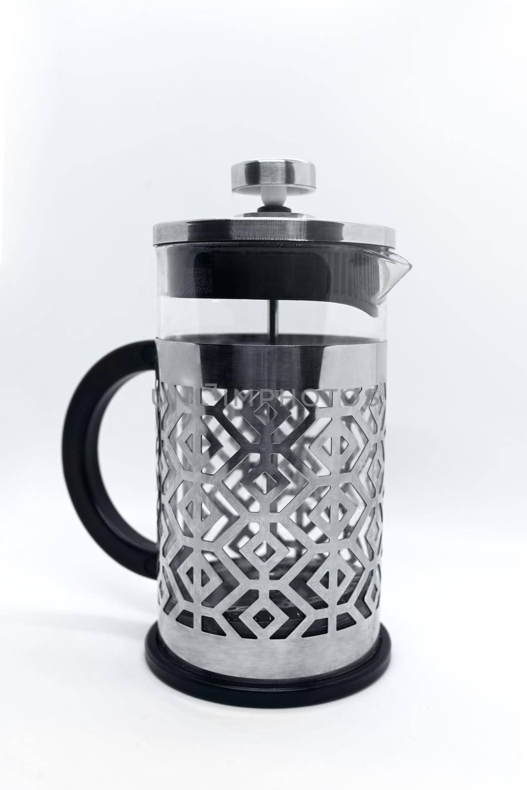 Clear Press Coffee Maker Isolated on White. French Press in Stainless Steel with Removable Borosilicate Glass Flask for Hot Cold Drinks. Modern Small Domestic Kitchenware. Vessel for Filtering Blend