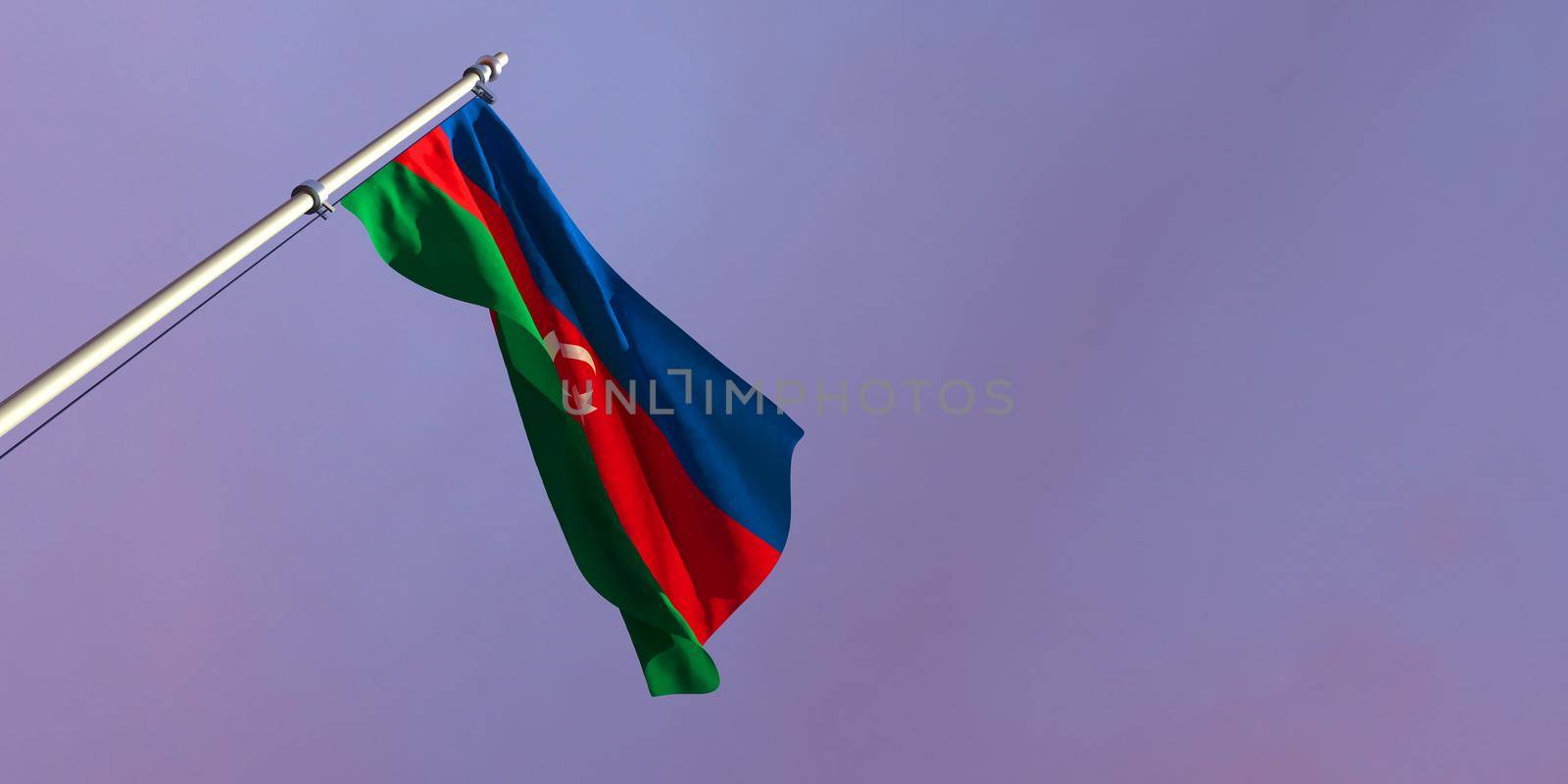 3d rendering of the national flag of the Azerbaijan in the evening at sunset against a background of beautiful clouds