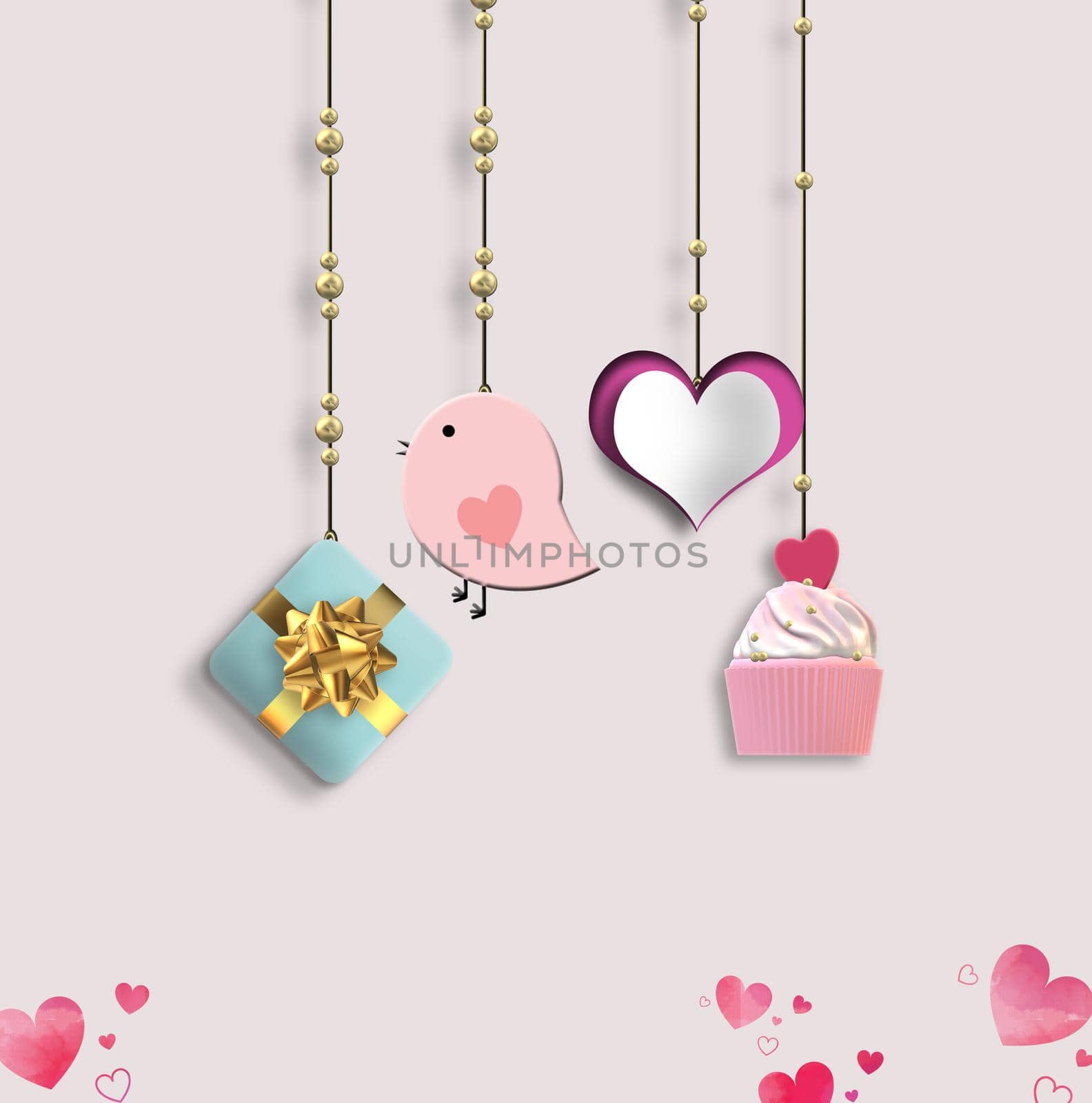 Valentine's card. Hanging heart, gift box, cup cake on pink background. 3D illustration