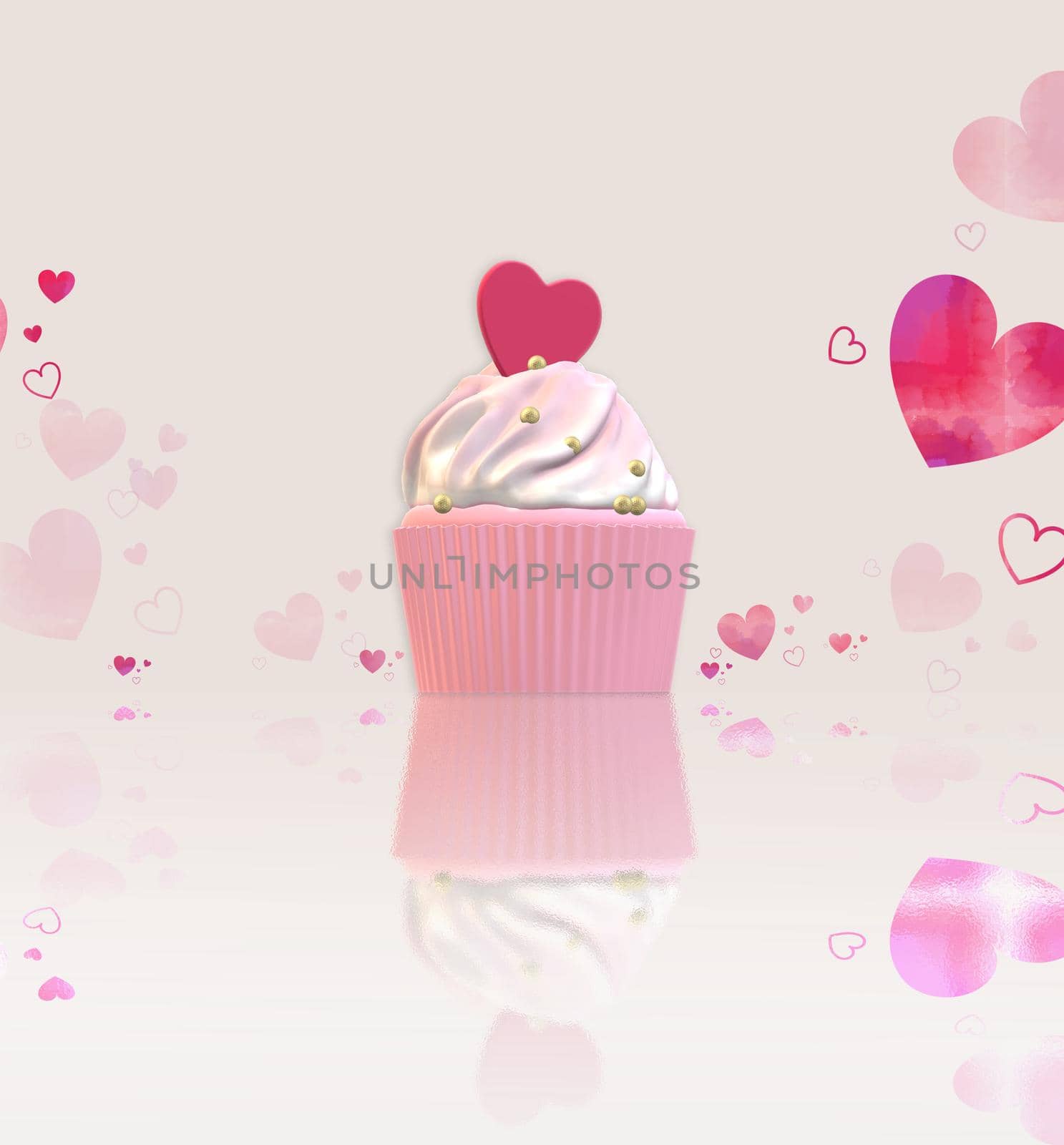 Cute cupcake with pink heart on top, reflection with confetti. Valentines, birthday, mothers day, love concept. 3D rendering